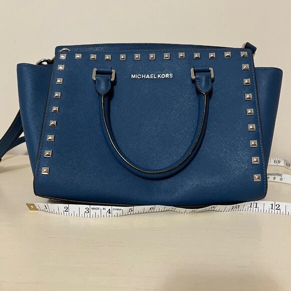 Michael Kors Selma Medium Studded Blue Saffiano Leather Crossbody Handbag - Picture 12 of 15